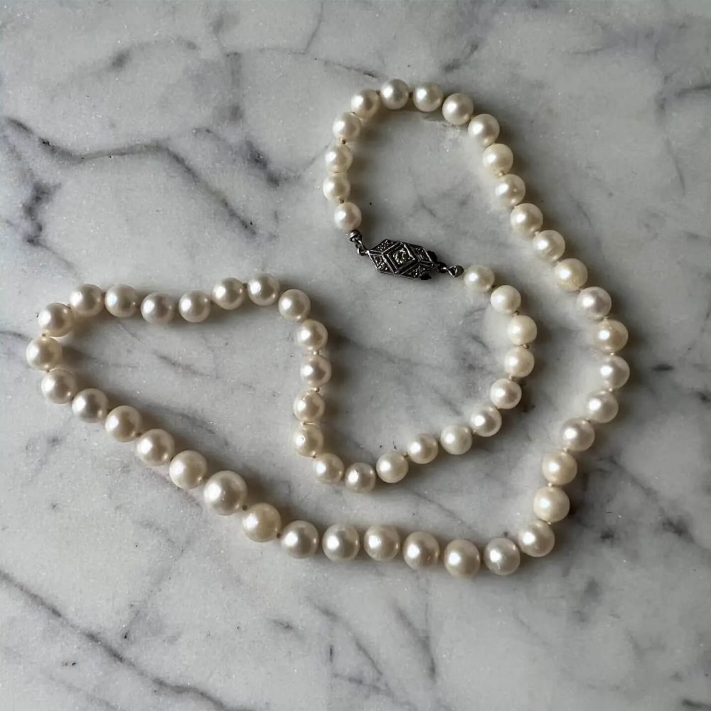 8mm Pearl Necklace with Gold and Diamond Clasp - Pearl & Clasp
