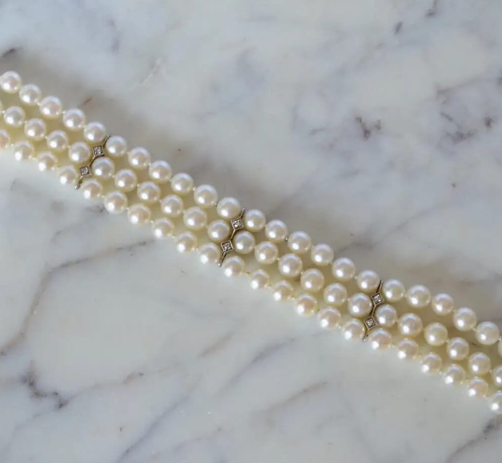 Elegant 14K White Gold Diamond & Cultured Pearls Triple-Strand Bracelet - Image 9