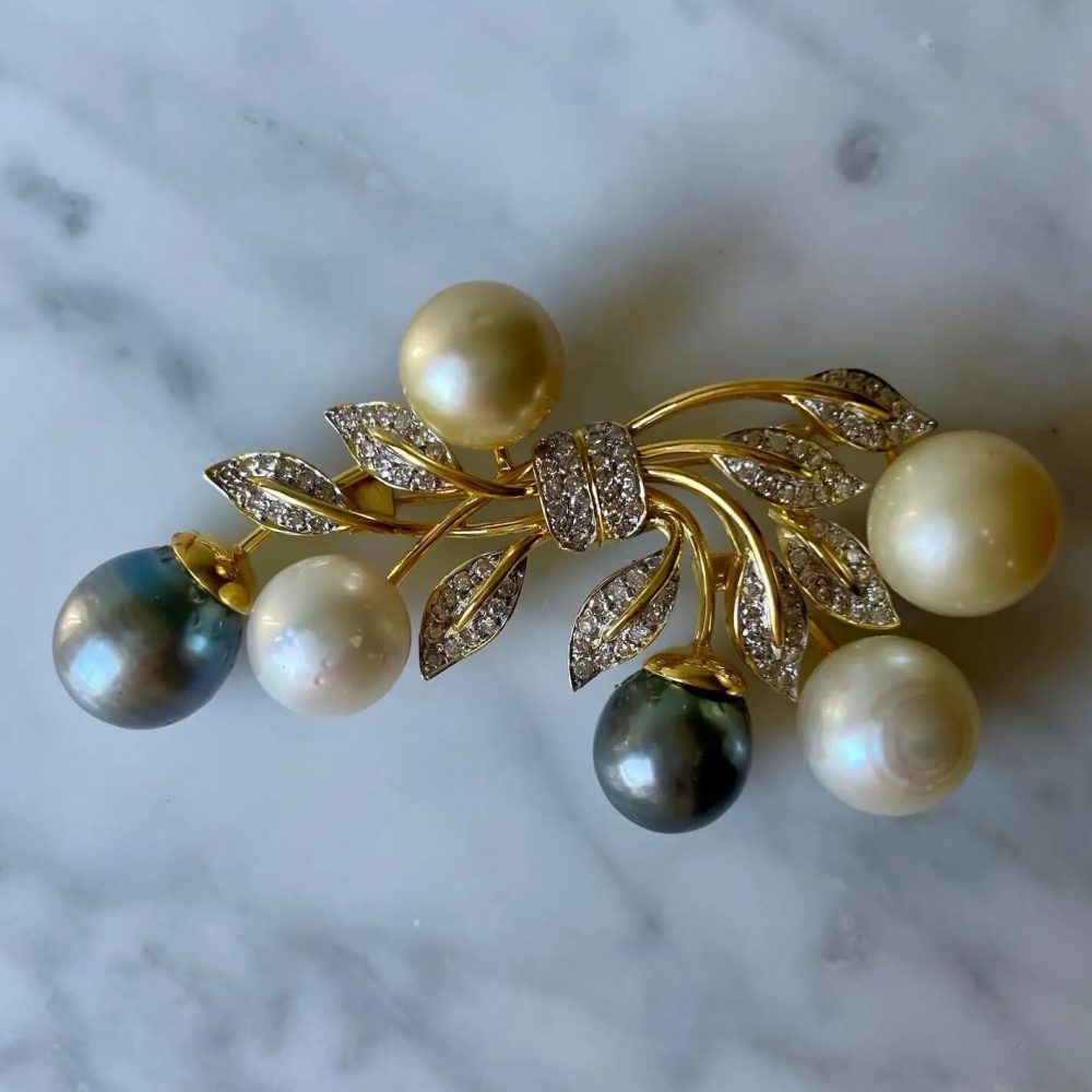 Impressive Large 14K Yellow Gold White & Silver Pearls Diamond Leaf Floral  Brooch/Pin - Historic Shop