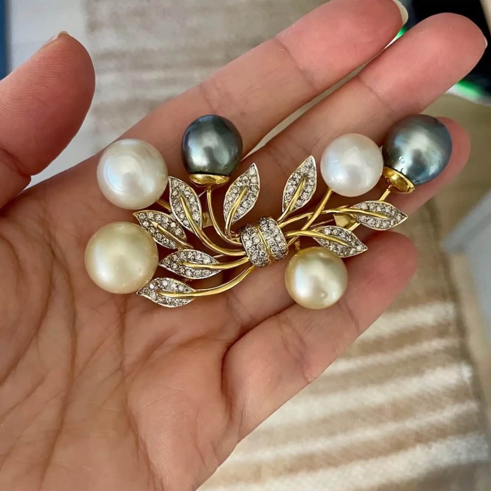 Impressive Large 14K Yellow Gold White & Silver Pearls Diamond Leaf Floral  Brooch/Pin - Historic Shop