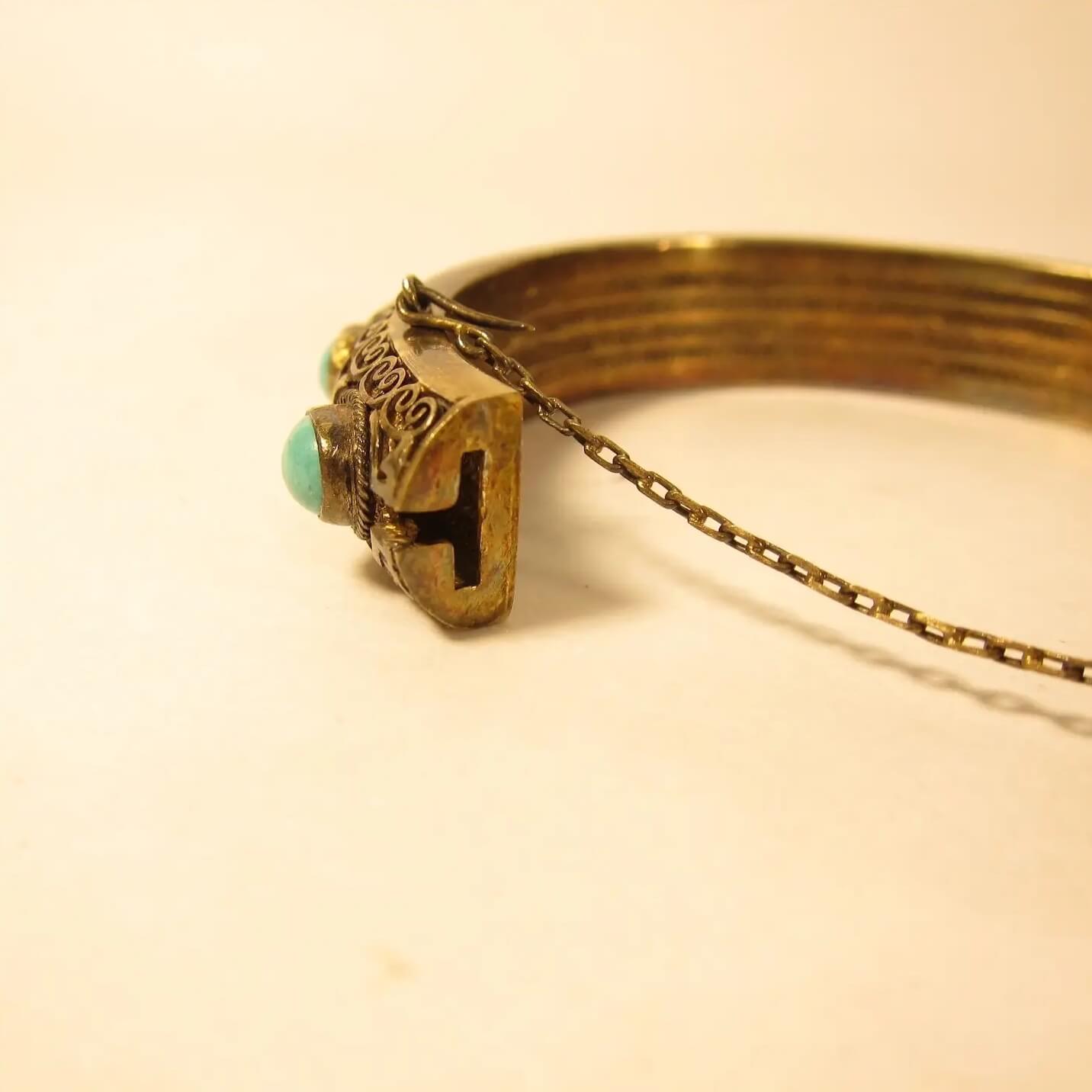 Bracelet Filigrane Argent Vermeil Avec 4 Turquoises Chine Années 1920 - Occasion Vintage