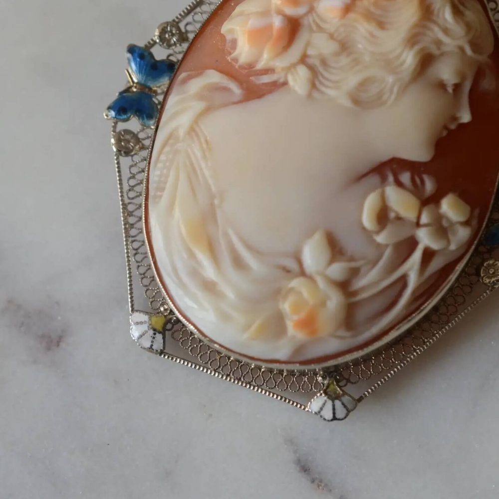 Antique 14K White Gold Filigree & Enamel Curved Shell Cameo Woman with Flowers Brooch/Pendant - Image 6
