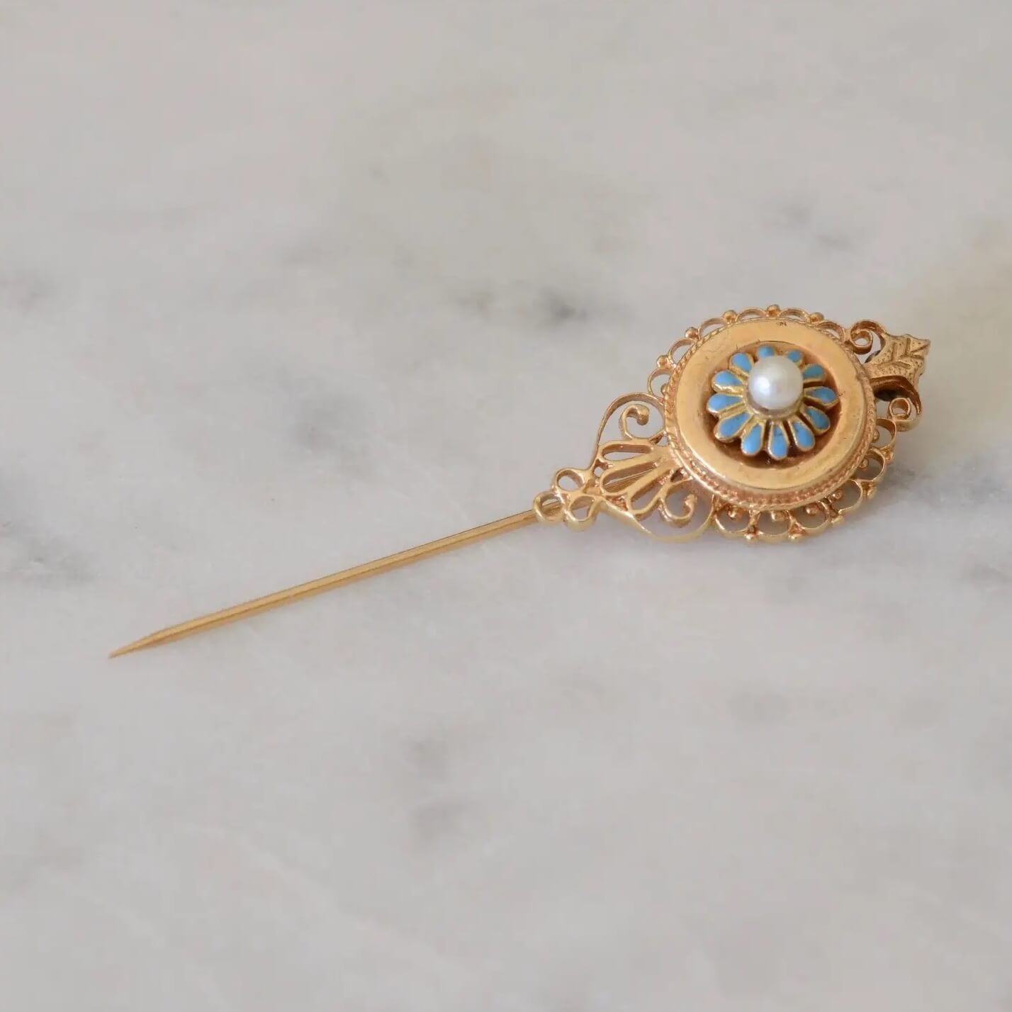 Beautiful Pin Beautiful 14K Yellow Gold Pearl & Blue Enamel Floral Stick Pin ...
