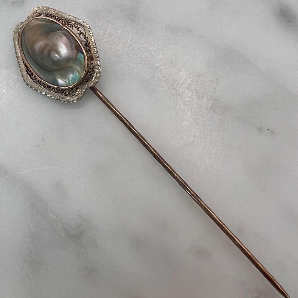 Antique 10K Yellow Gold Abalone Shell Filigree Stick Pin - Image 3