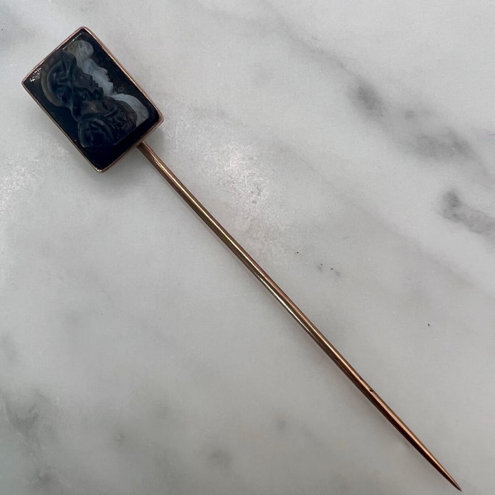 Antique 14K Yellow Gold Carved Agate Cameo Stick Pin - Image 3