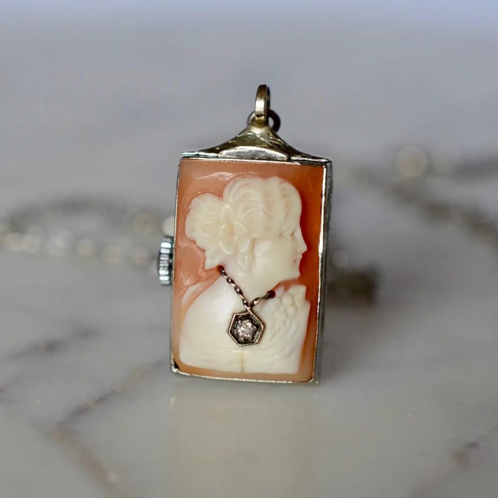 14K Diamond Necklace Cameo Victorian Filigree White Gold Pendant/Pin |  Property Room