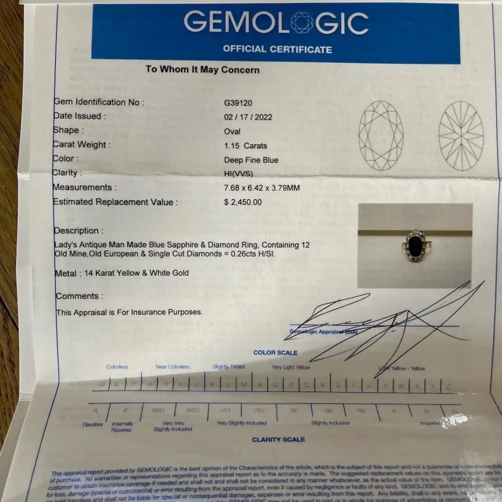 Certified Antique 14K Yellow Gold 1.15ct. Synthetic Sapphire & Diamond Engagement Ring - Image 10