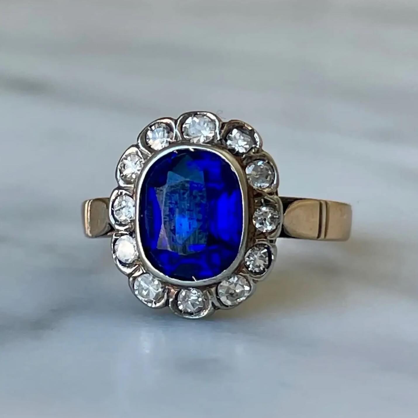 Certified Antique 14K Yellow Gold 1.15ct. Synthetic Sapphire & Diamond Engagement Ring