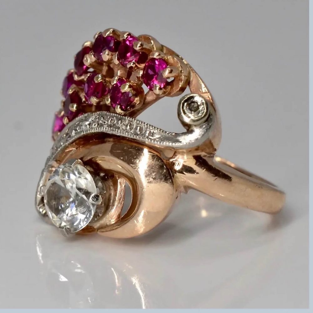 Vintage Retro Design 14K Rose Gold Ruby & Cubic Zirconia Ring - Image 4