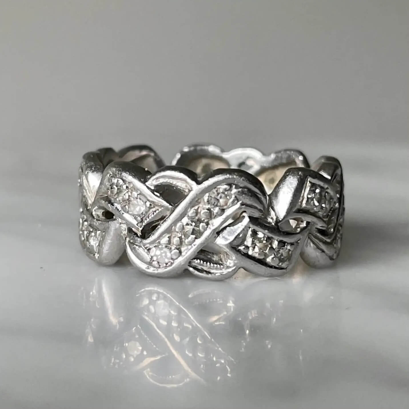 Wide Vintage 18K White Gold Diamond Eternity Braided Intertwined