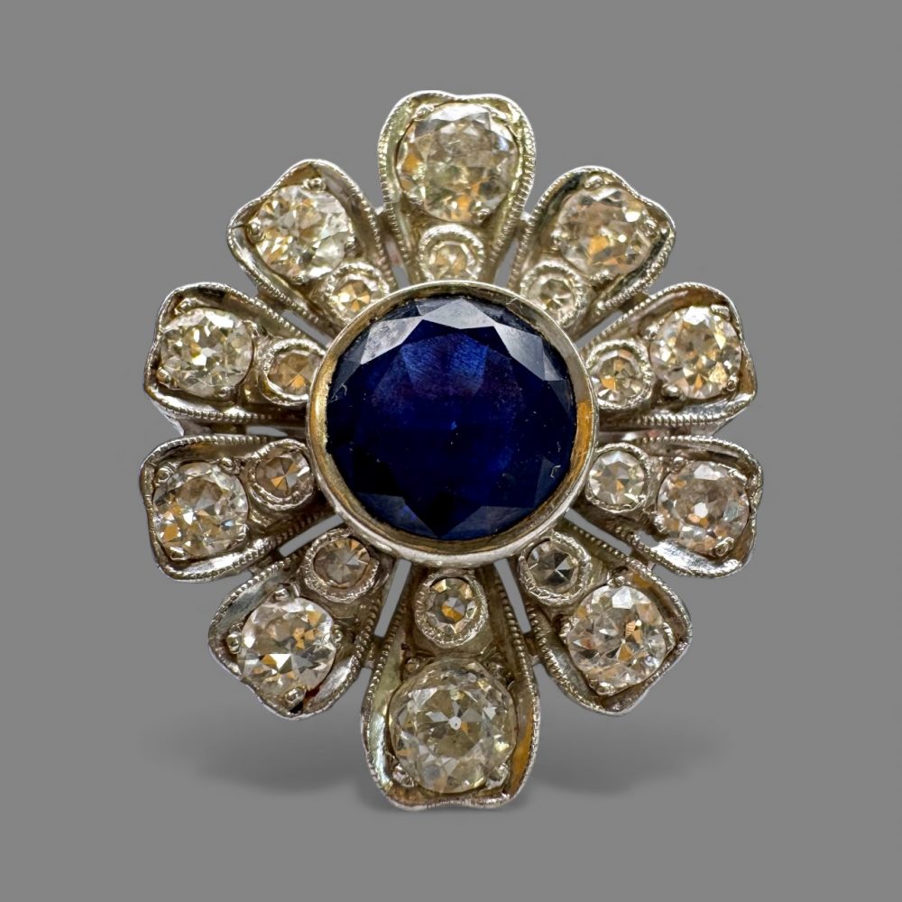 Antique Platinum Sapphire Diamond Cluster Ring