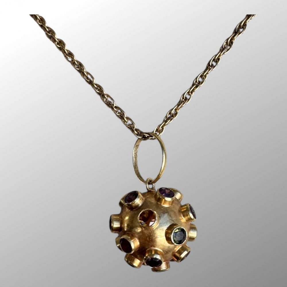 Retro 14K Yellow Gold Multi Gemstone Sputnik Dome Pendant