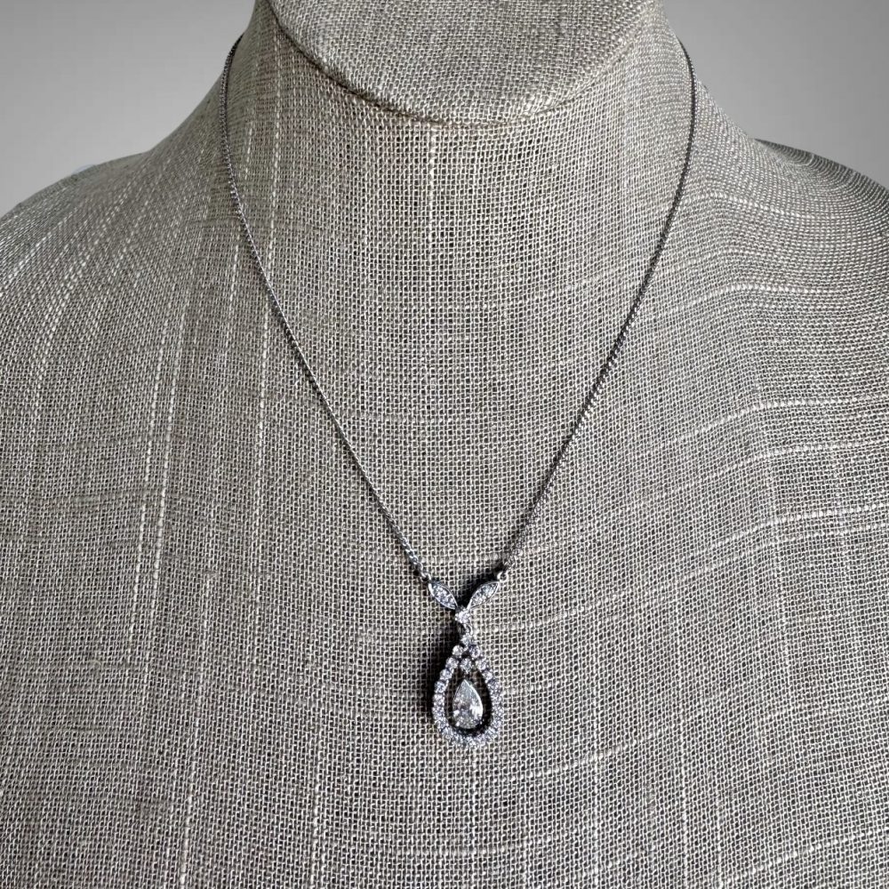 Victorian 14K White Gold Diamond Drop Necklace Pendant