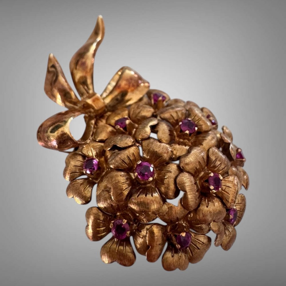 Vintage Tiffany & Co. 18K Yellow Gold Floral Ruby Brooch/Pin