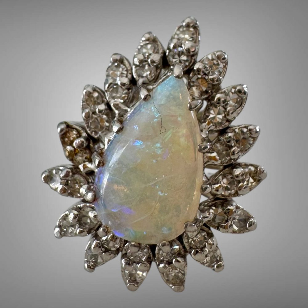 Vintage 14K White Gold Opal Diamond Cocktail Ring