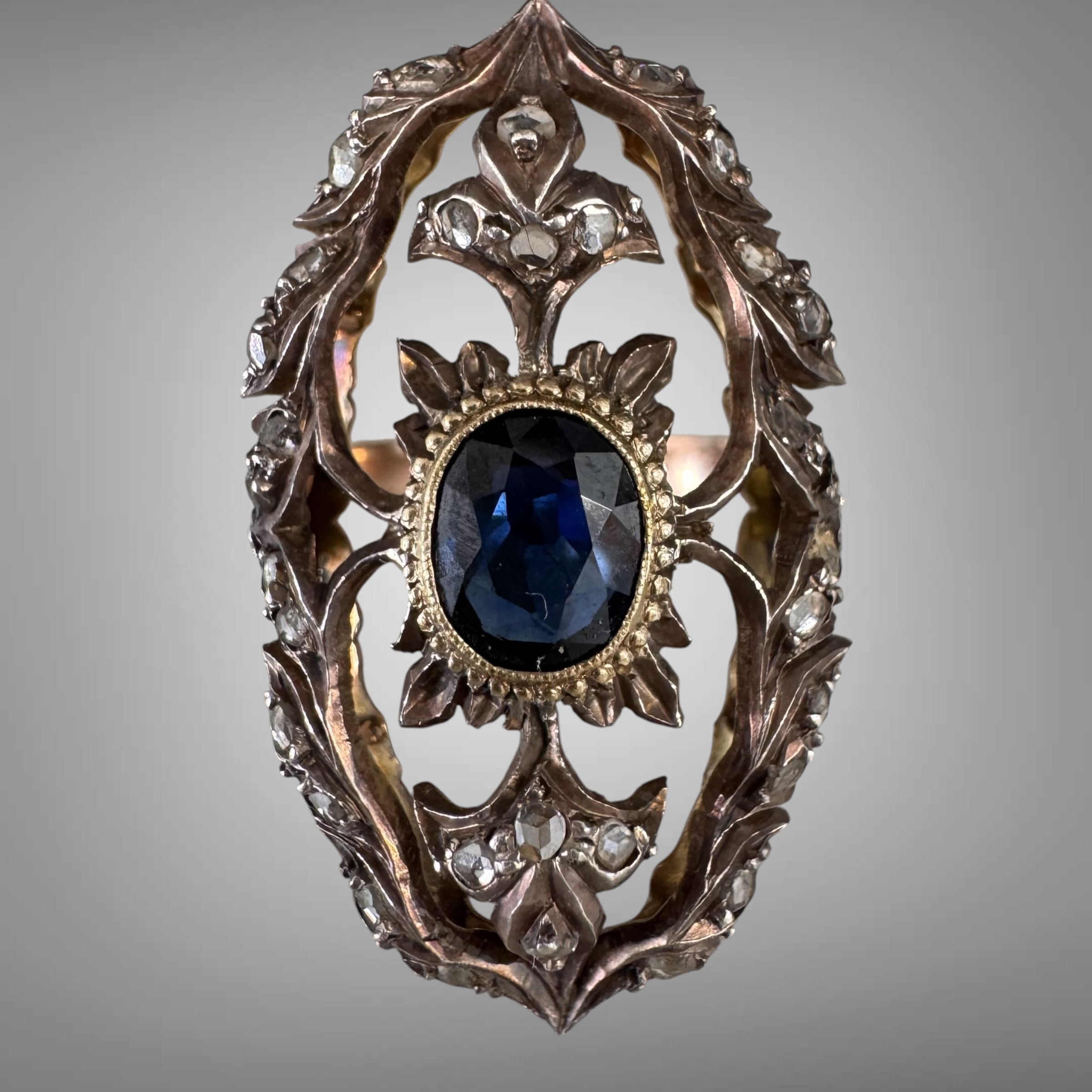 Antique Victorian 14K Gold Sapphire & Rose Cut Diamond Navette Ring