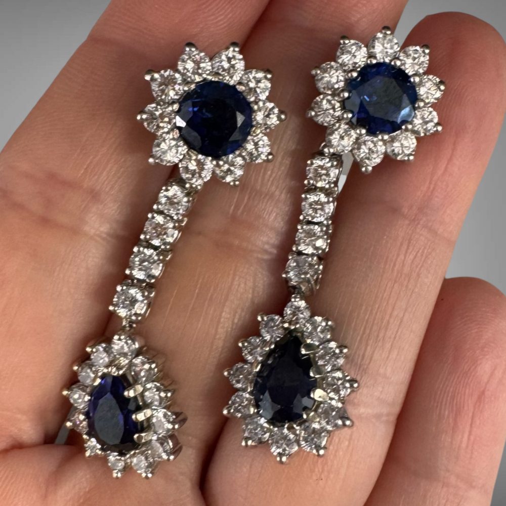 14K White Gold Sapphire & Diamond Dangle Earrings