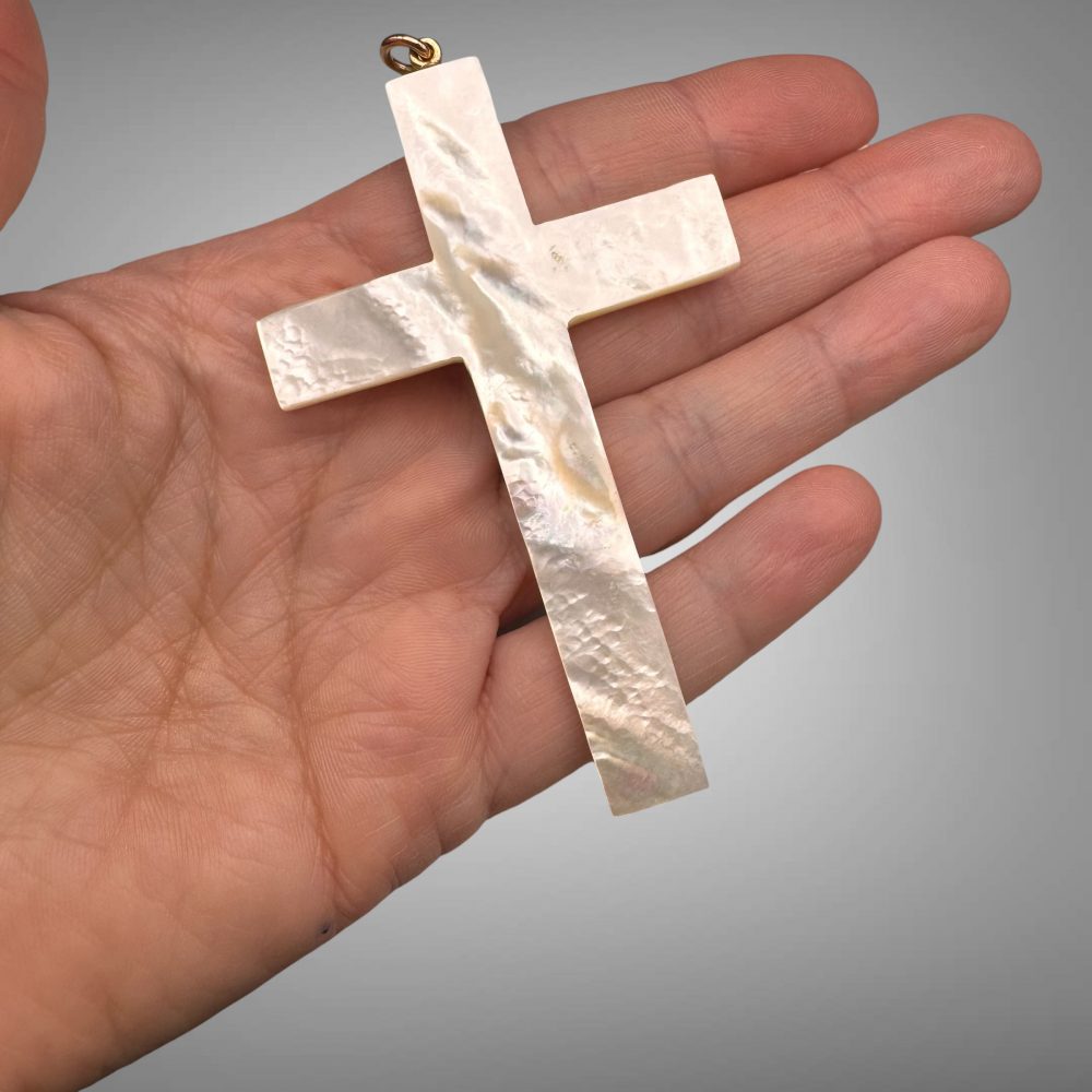 Large 14K Gold Mother of Pearl Cross Pendant - Estate Religious Jewelry