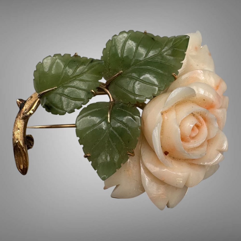 14K Gold Hand-Carved Jade & Carved Coral Rose Brooch - Estate Floral Pin