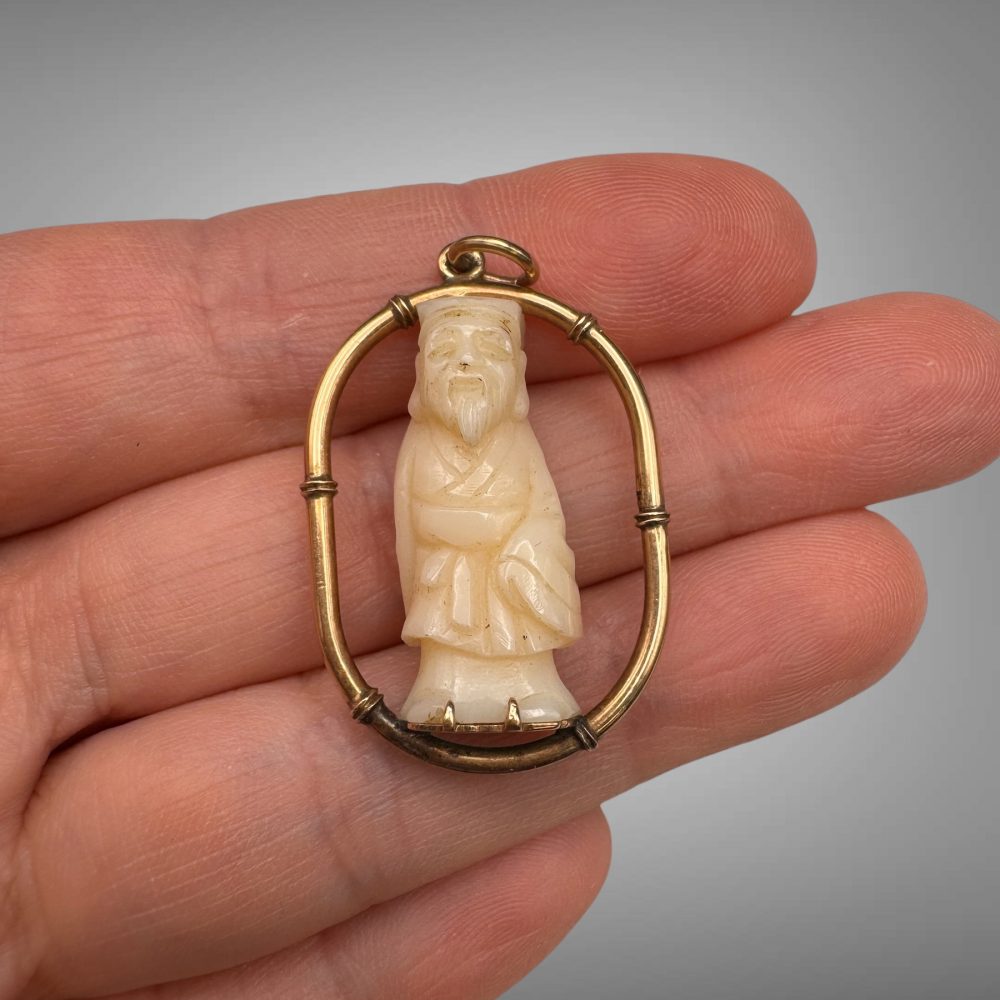 Vintage 14K Gold Carved Bone Scholar Pendant - Estate Asian Jewelry