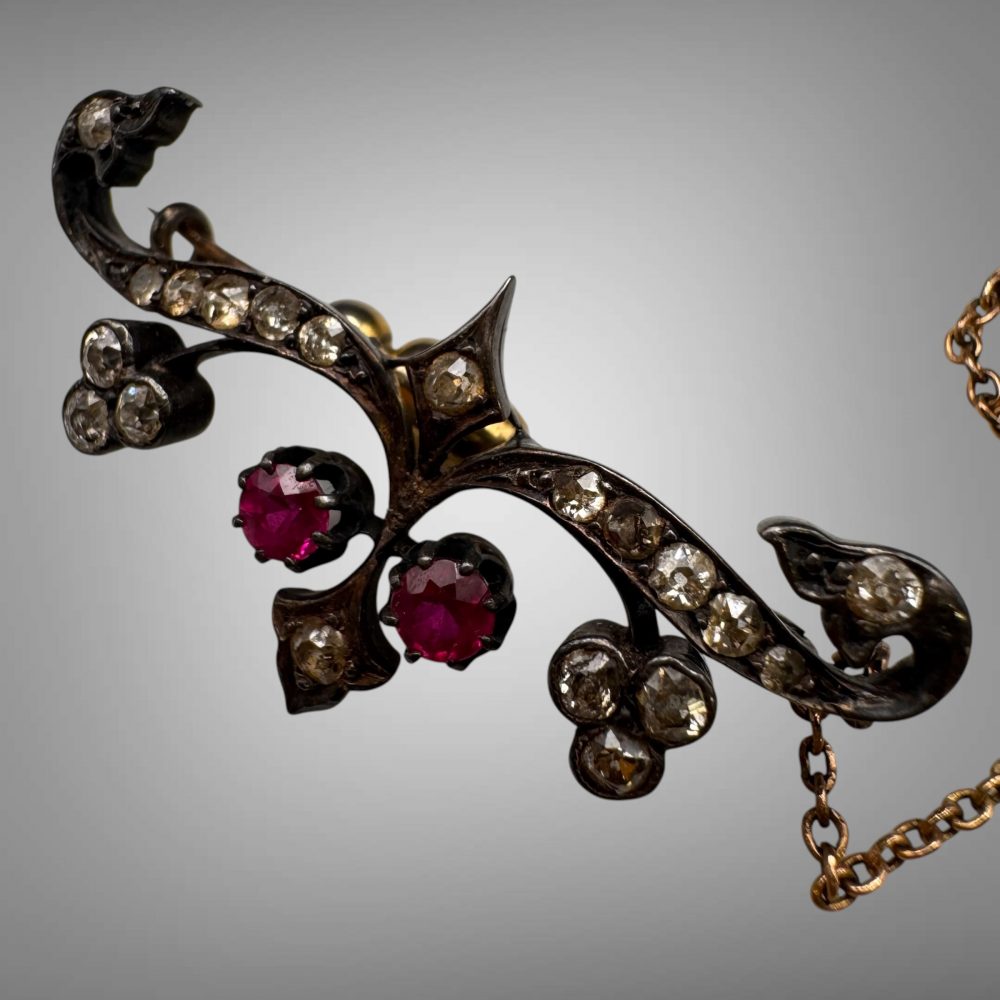 Antique Victorian 14K Gold Silver-Topped Diamond & Ruby Bar Brooch/Pin