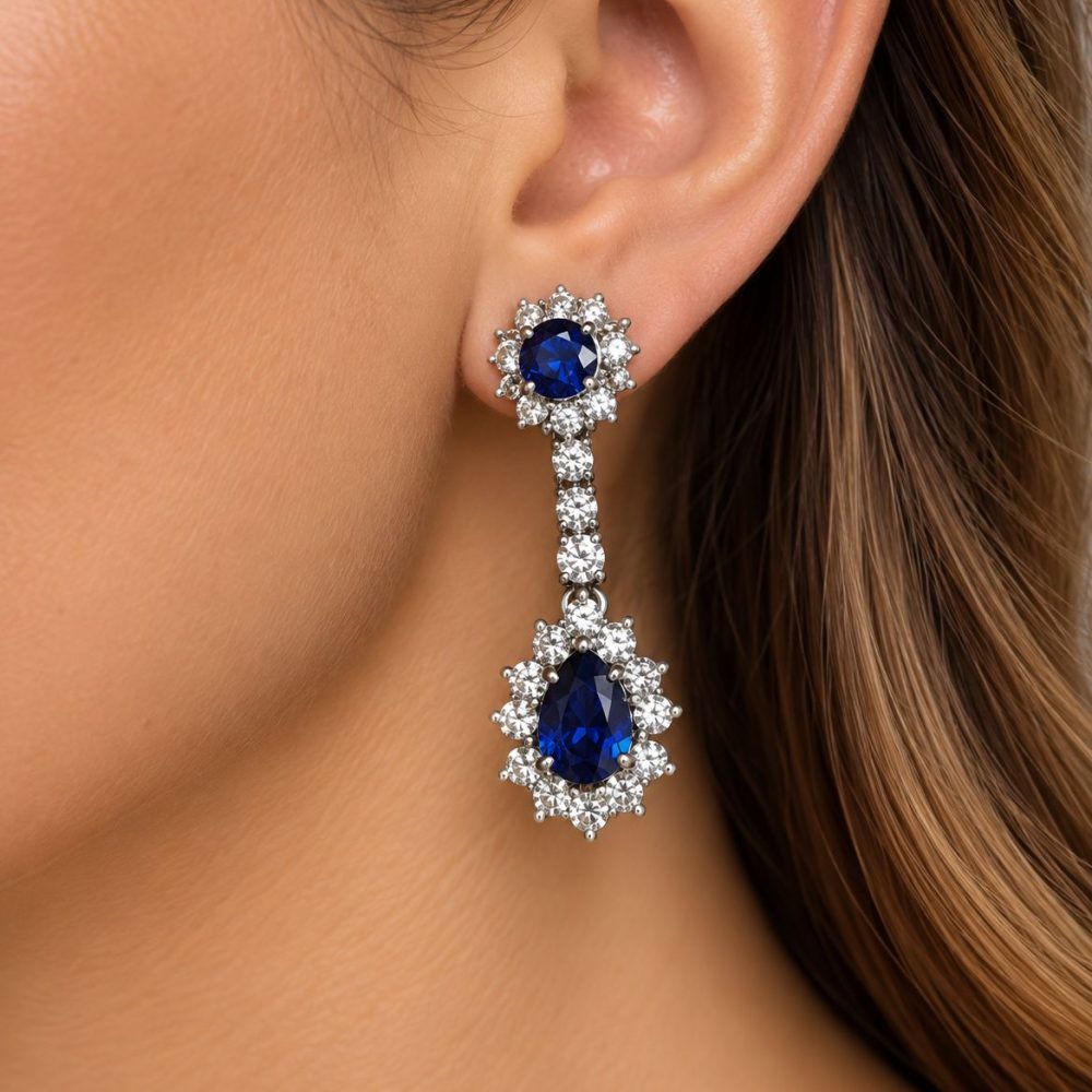 14K White Gold Sapphire & Diamond Dangle Earrings - Image 1