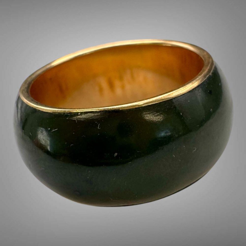 Vintage 14K Yellow Gold Green Jade Wide Dome Band Statement Ring