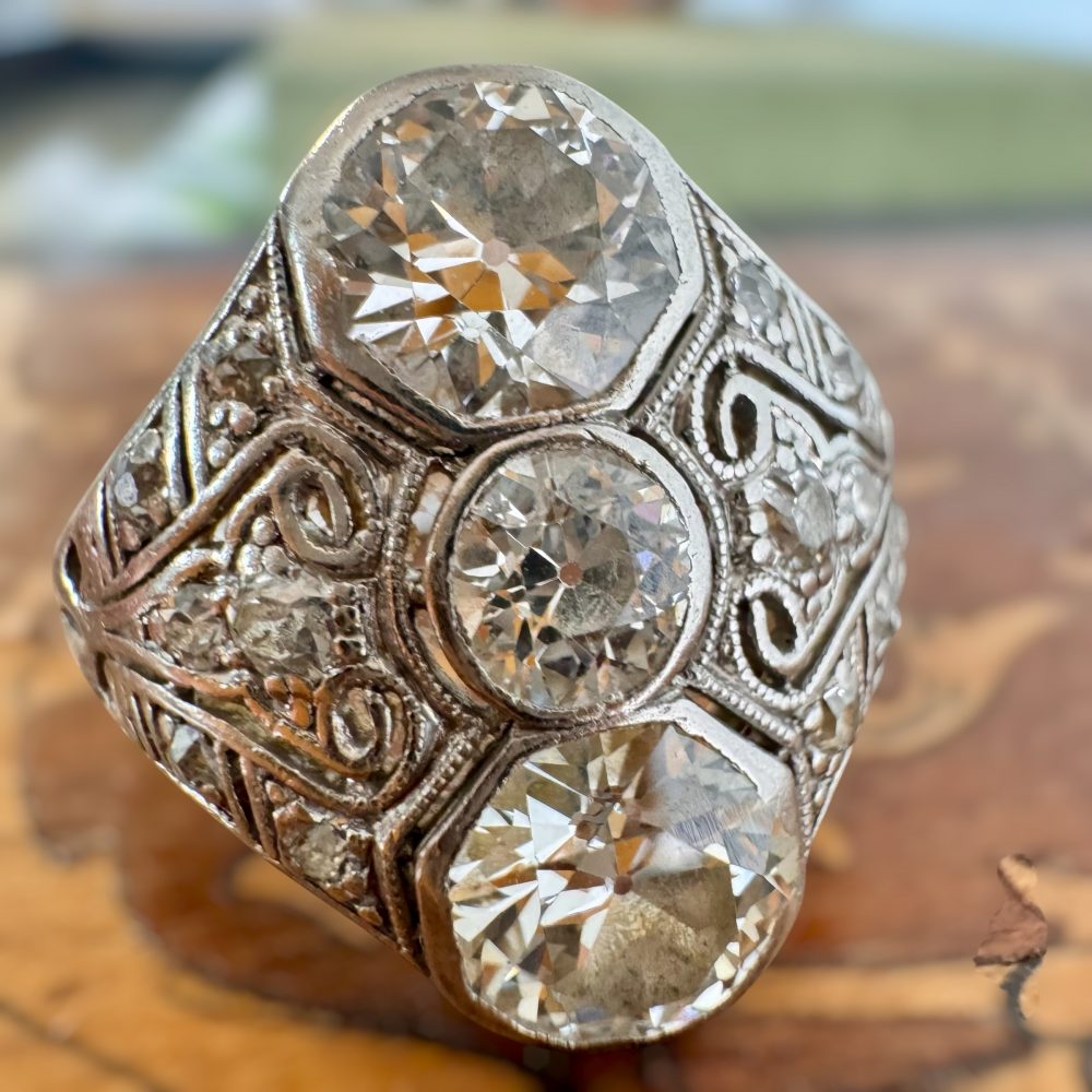 Antique Art Deco Platinum Old European Cut Diamond Cocktail Ring, c. 1920s–1930s