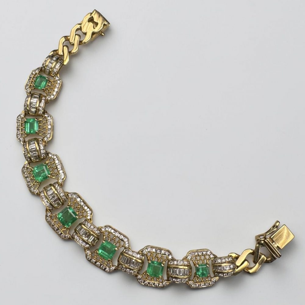 18K Yellow Gold Emerald & Diamond Link Bracelet, 7.5" - Image 14