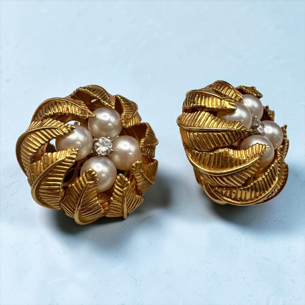 Tiffany & Co. 18K Gold Pearl & Diamond Leaf Motif Clip-on Earrings