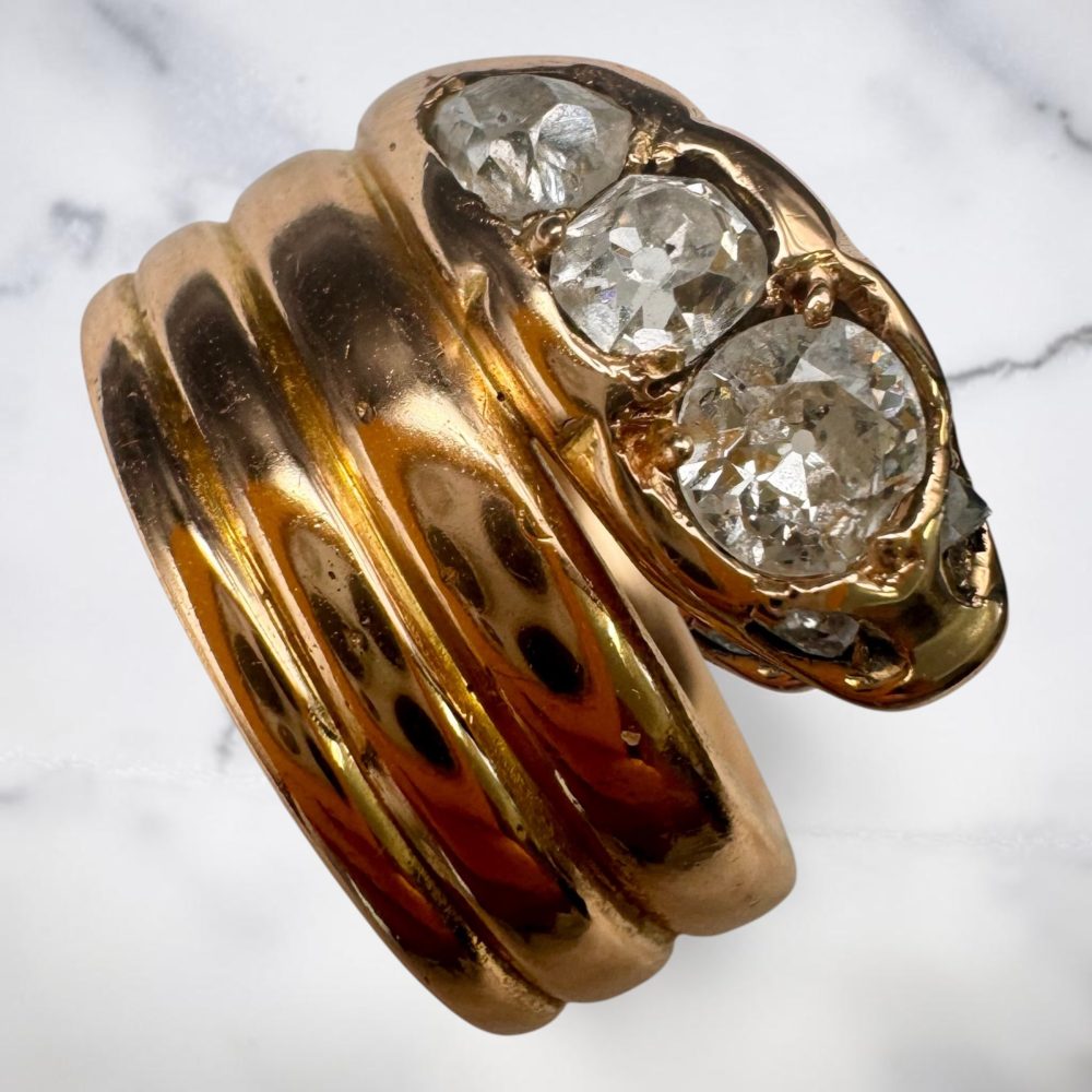 Antique 18K Gold & Old Mine Cut Diamond Snake Ring