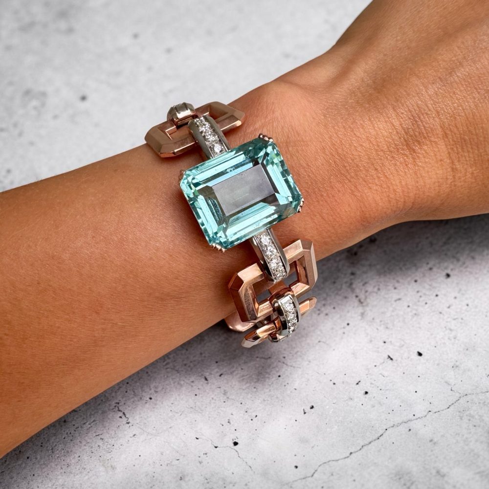 Austrian Art Deco 14K Rose Gold Aquamarine & Diamond Bracelet, Vienna