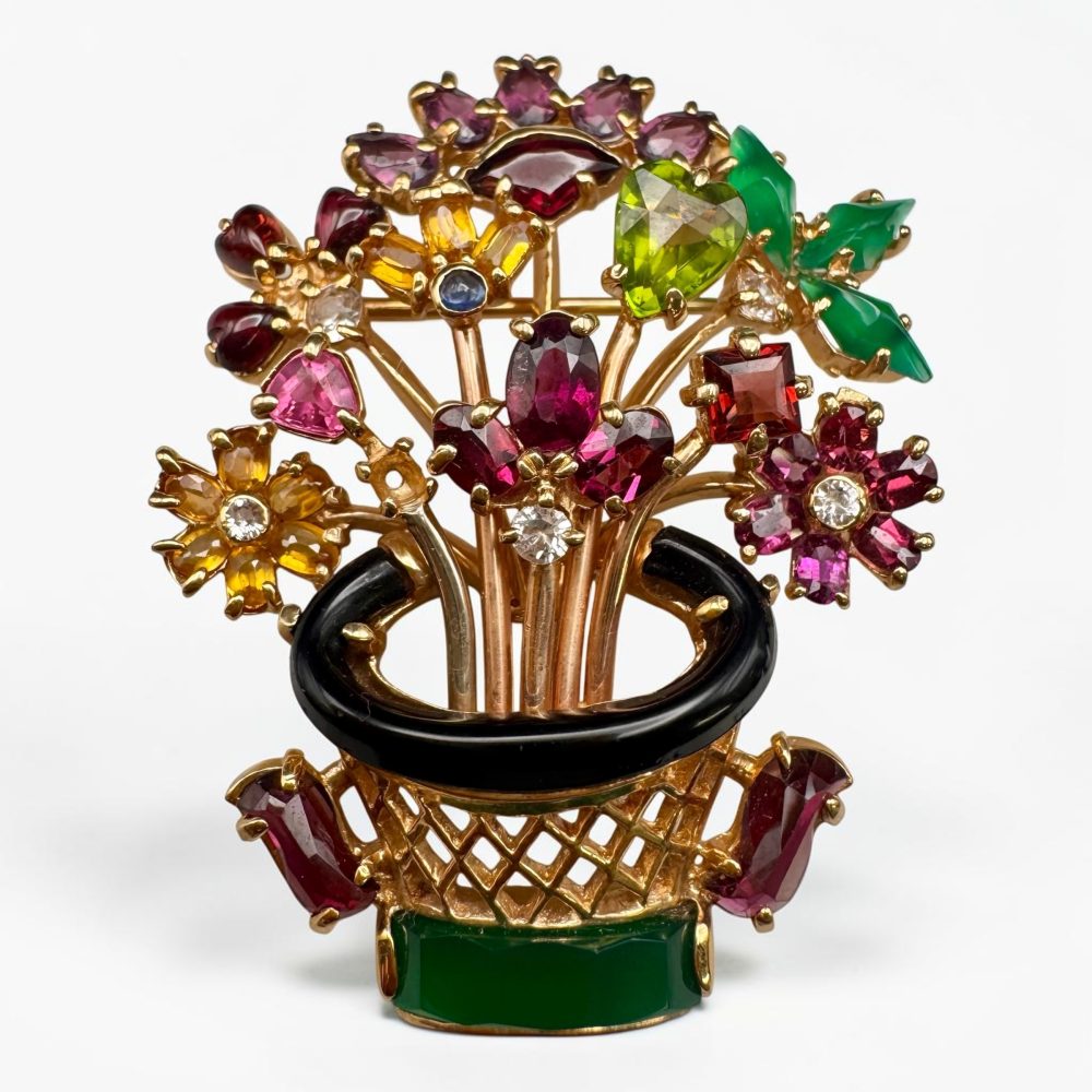 Vintage 14K Yellow Gold Multi-Gemstone Floral Basket Brooch/Pendant